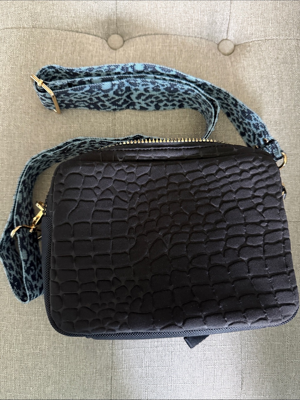 Stella & Dot Black Croc-Embossed Crossbody with Blue Patterned Strap